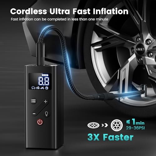 Portativ shinalar kompressori, avtomobil shinalari uchun 150PSI simsiz havo pompasi, bosimni aniqlash bilan 4 baravar tez velosiped shinalari pompasi, avtomobil, mototsikl va koptok uchun havo pompasi (qora). - 6