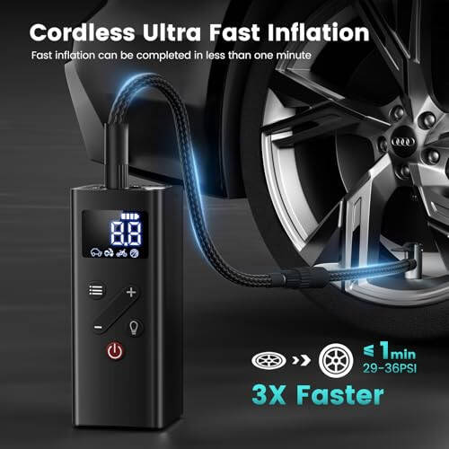 Portativ shinalar kompressori, avtomobil shinalari uchun 150PSI simsiz havo pompasi, bosimni aniqlash bilan 4 baravar tez velosiped shinalari pompasi, avtomobil, mototsikl va koptok uchun havo pompasi (qora). - 6