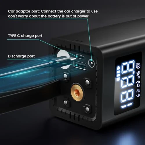 Portativ shinalar kompressori, avtomobil shinalari uchun 150PSI simsiz havo pompasi, bosimni aniqlash bilan 4 baravar tez velosiped shinalari pompasi, avtomobil, mototsikl va koptok uchun havo pompasi (qora). - 3