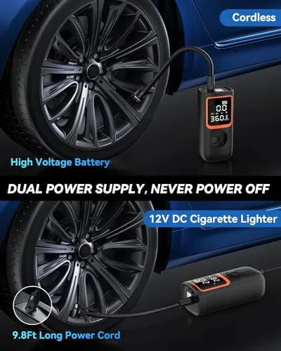 Portativ Shinalar Kompressori - Avtomobil Shinalari uchun 20000mAh va 150PSI Simsiz Havo Nasosi, Bosim O'lchagich va LED Yorug'lik bilan, Avtomobil Velosipedlari, Mototsikl, To'p uchun 3X Tezroq Shishirish Elektr Havo Kompressori - 3