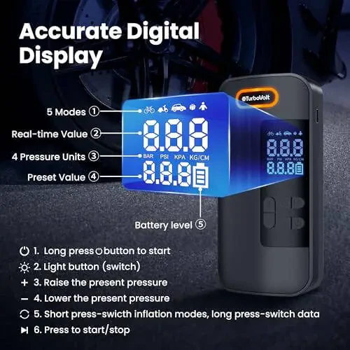 Portativ Shinalar Kompressori, Simsiz Raqamli Havo Nasosi, Velosiped, To'p, Motosikl va Avtomobil uchun 4 ta Oldindan Belgilangan Rejimlar, Qotishma Dizayn 12L Oqim Tezligi - 5