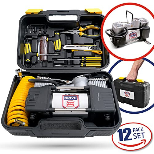 Portativ Shinalar Kompressori va Ta'mirlash To'plami - Avtomobil Favqulodda To'plami va 12V DC Ikki Silindrli Havo Nasosi, 150 PSI Bosim O'lchagichli Shinalar Nasosi va Avtomobil Aksessuarlari Havo Nasosi - 2