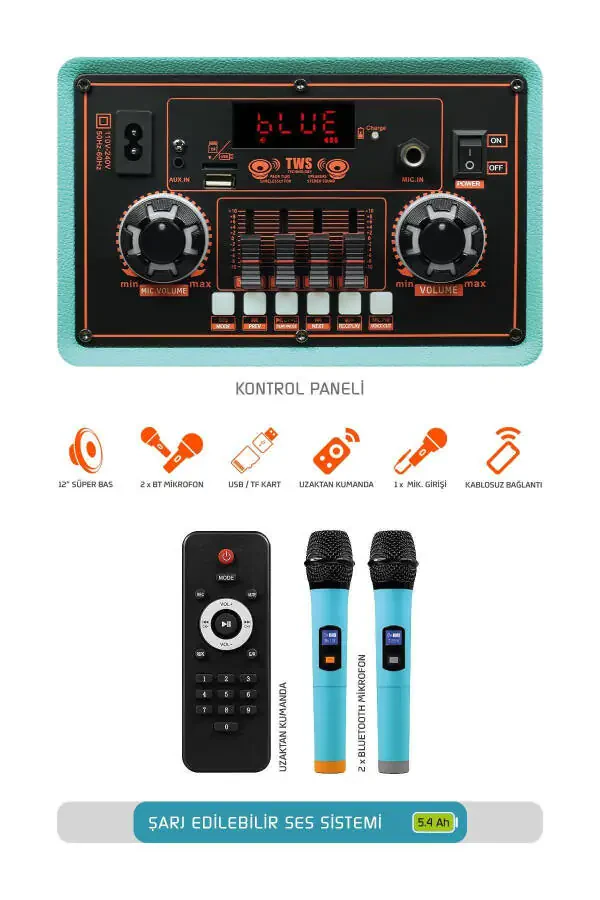 Портативная акустика MTX7 Bluetooth с двумя микрофонами и зарядкой, караоке система. - 2