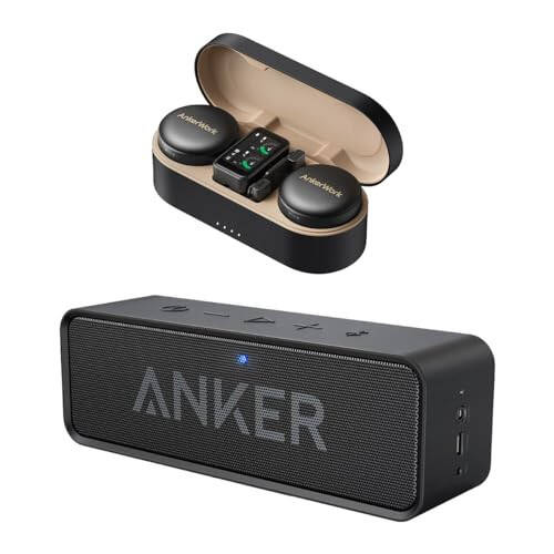 Портативная Bluetooth-колонка Anker Soundcore 2 & Беспроводной лаvalier-микрофон AnkerWork M650, Профессиональное шумоподавление, Сменные магнитные цветные крышки, 2-канальный качественный прием - 1