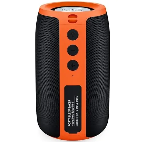 Портативная колонка Musibaby M68 Bluetooth, 12 Вт, IPX5, FM, USB, AUX, оранжево-черная | Портативная колонка мощностью 12 Вт для кемпинга, гаража, двора и пляжа. Защита от брызг IPX5, FM, USB-накопитель, AUX и двойное сопряжение. - 1