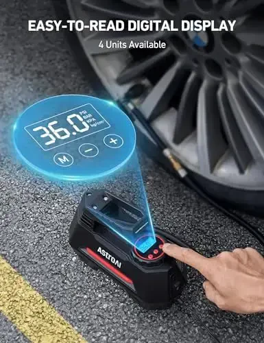 Портативный автомобильный компрессор AstroAI Tire Inflator для шин — автомобильные аксессуары, 12 В постоянного тока, с цифровым манометром, аварийный светодиодный фонарь для велосипедов, шариков, красный - 3