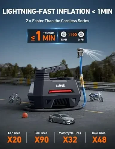Портативный автомобильный компрессор AstroAI Tire Inflator для шин — автомобильные аксессуары, 12 В постоянного тока, с цифровым манометром, аварийный светодиодный фонарь для велосипедов, шариков, красный - 4