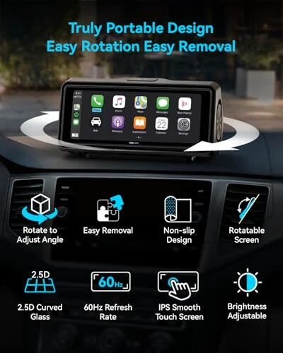 Портативный экран Apple Carplay для автомобиля, сенсорный экран с беспроводной связью Android Auto, автомобильные аудиоресиверы с голосовым управлением, Mirror Link, воспроизведение музыки, GPS-навигация, встроенные динамики (черный) - 6