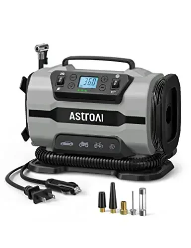 Портативный компрессор AstroAI 150PSI, 12В/110В, два двигателя, светодиод, для авто, велосипедов, матрасов, серый. - 1