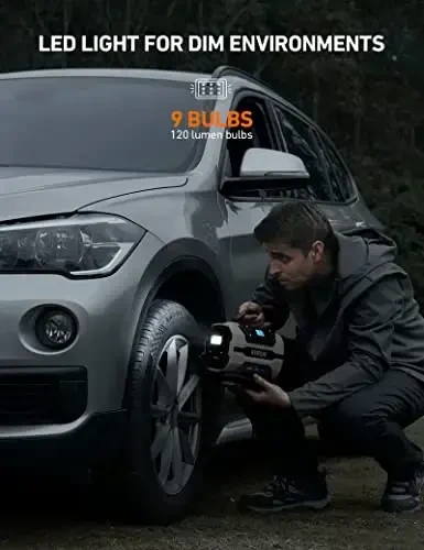 Портативный компрессор AstroAI 150PSI, 12В/110В, два двигателя, светодиод, для авто, велосипедов, матрасов, серый. - 6