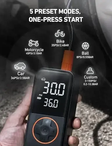 Портативный компрессор AstroAI L4, 150PSI, для автошин, с манометром, светодиодной подсветкой, для быстрой накачки шин автомобилей, мотоциклов, велосипедов, мячей. - 6