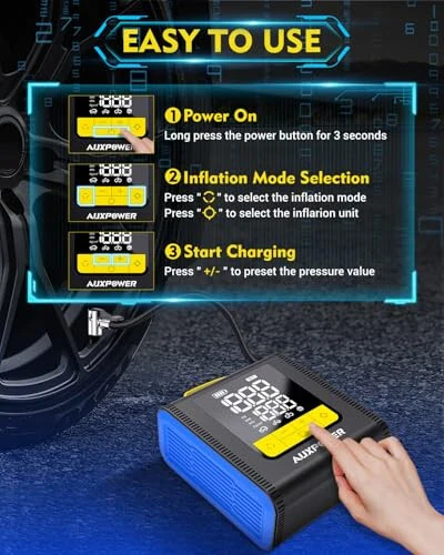 Портативный компрессор для шин Auxpower H4, 4000 мАч и 150 PSI, автомобильный насос 12 В, сетевой и беспроводной 2-в-1 умный насос для шин с автоматическим отключением для автомобиля, мотоцикла, велосипеда, мяча. - 4