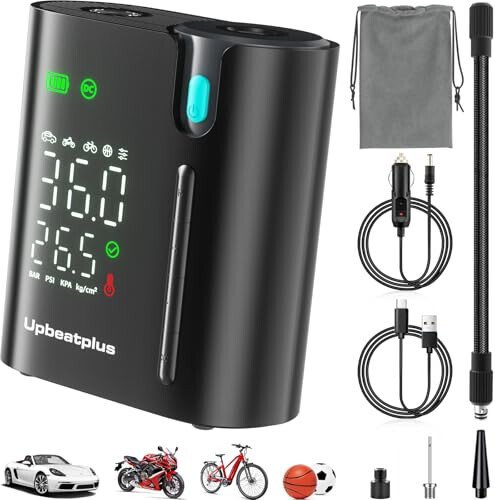 Портативный компрессор UpBeatPlus T1, 160 PSI, в 4 раза быстрее, беспроводной, с манометром, для авто, мото, вело, мячей. - 1