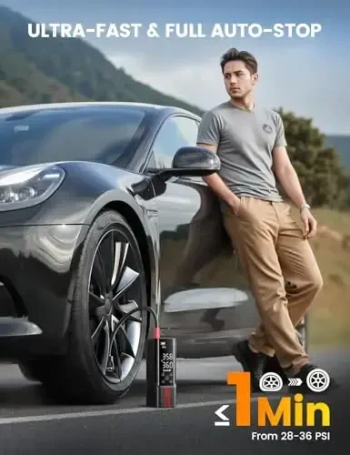 Портативный воздушный компрессор для накачки шин Lamicall, 150 PSI, беспроводной автомобильный насос, в 4 раза быстрее, с перезаряжаемым аккумулятором, 12 В постоянного тока, цифровой манометр, светодиодная подсветка, для автомобилей, велосипедов, мотоциклов, мячей. - Lamicall (1)