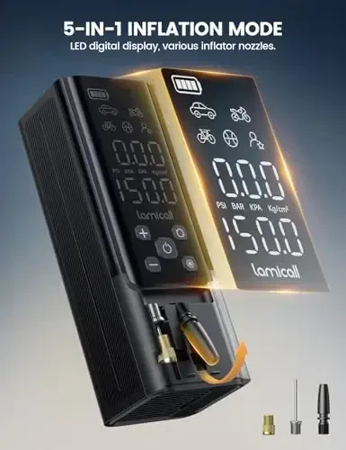Портативный воздушный компрессор для накачки шин Lamicall, 150 PSI, беспроводной автомобильный насос, в 4 раза быстрее, с перезаряжаемым аккумулятором, 12 В постоянного тока, цифровой манометр, светодиодная подсветка, для автомобилей, велосипедов, мотоциклов, мячей. - 5
