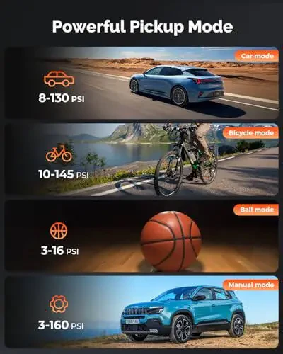 Портативный воздушный компрессор ETENWOLF ZEPHYR S3, быстрое накачивание за 1 минуту, 100% рабочий цикл, насос 160 PSI для автомобилей, внедорожников, велосипедов, мячей (ярко-оранжевый) - 3