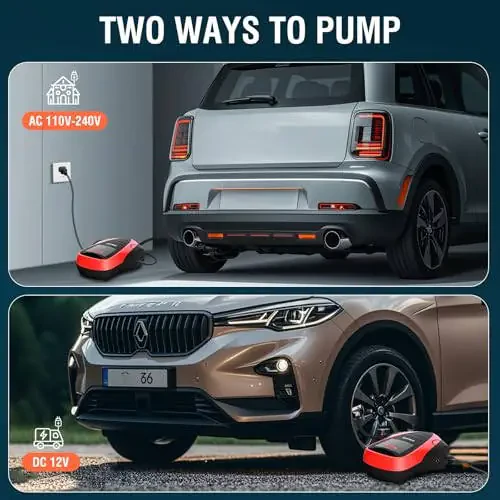 Портативный воздушный компрессор TEROMAS, насос постоянного/переменного тока для автомобильных шин 12 В и других надувных изделий, 110 В переменного тока, цифровой электрический насос с манометром (красный) - 3