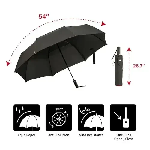 Portobello Large Umbrella For Rain - Big 54 Inch Double Vented Canopy, Folds Into Travel Size, Big Enough To Fit In 2 Adults, Heavy Duty, Sturdy, Windproof W/Auto Open Close - 1