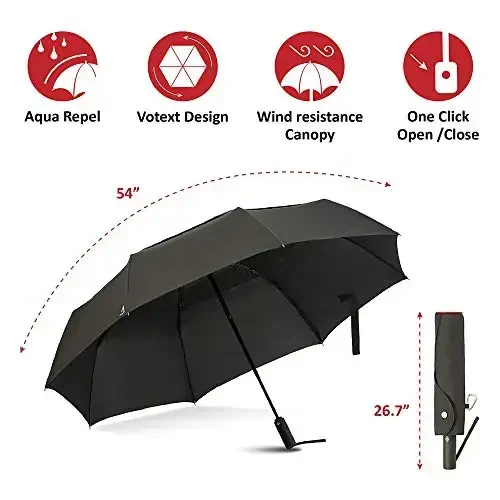 Portobello Large Umbrella For Rain - Big 54 Inch Double Vented Canopy, Folds Into Travel Size, Big Enough To Fit In 2 Adults, Heavy Duty, Sturdy, Windproof W/Auto Open Close - 3