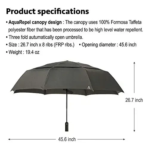 Portobello Large Umbrella For Rain - Big 54 Inch Double Vented Canopy, Folds Into Travel Size, Big Enough To Fit In 2 Adults, Heavy Duty, Sturdy, Windproof W/Auto Open Close - 3