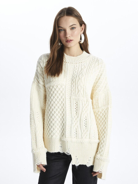 Positano - Bicyclist Neck Relaxed Fit Knit Detailed Patchwork Sweater - Ecru Color - 6