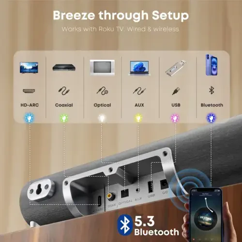 Posrue Sound Bar, 16 inch Bluetooth TV Speaker with Remote & 2 Built-in Full-frequency Speakers, 50W Wireless Soundbar for TV Home Theater & Audio, Iron Gray - 6