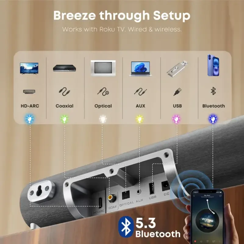 Posrue Sound Bar, 16 inch Bluetooth TV Speaker with Remote & 2 Built-in Full-frequency Speakers, 50W Wireless Soundbar for TV Home Theater & Audio, Iron Gray - 6