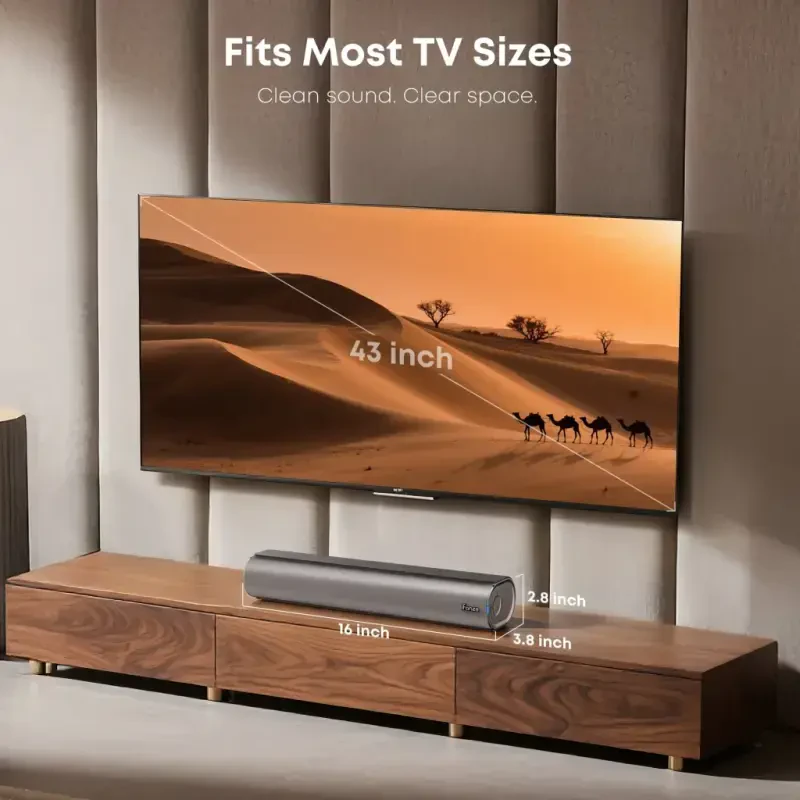 Posrue Sound Bar, 16 inch Bluetooth TV Speaker with Remote & 2 Built-in Full-frequency Speakers, 50W Wireless Soundbar for TV Home Theater & Audio, Iron Gray - 8