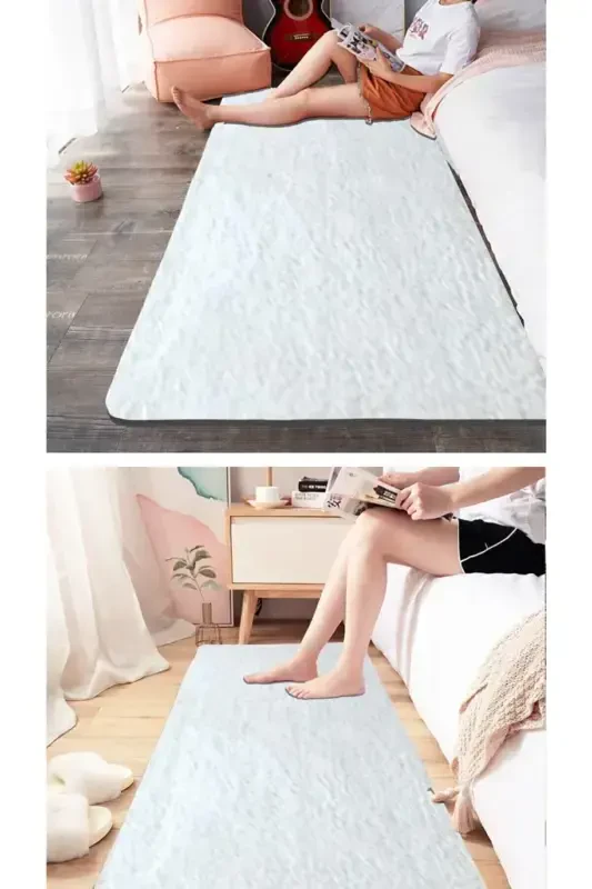 Post Halı. Peluş Halı Yolluk. Beyaz Kaymaz Tabana Sahiptir. Makinede Yıkanabilir.-BEYAZ - 3