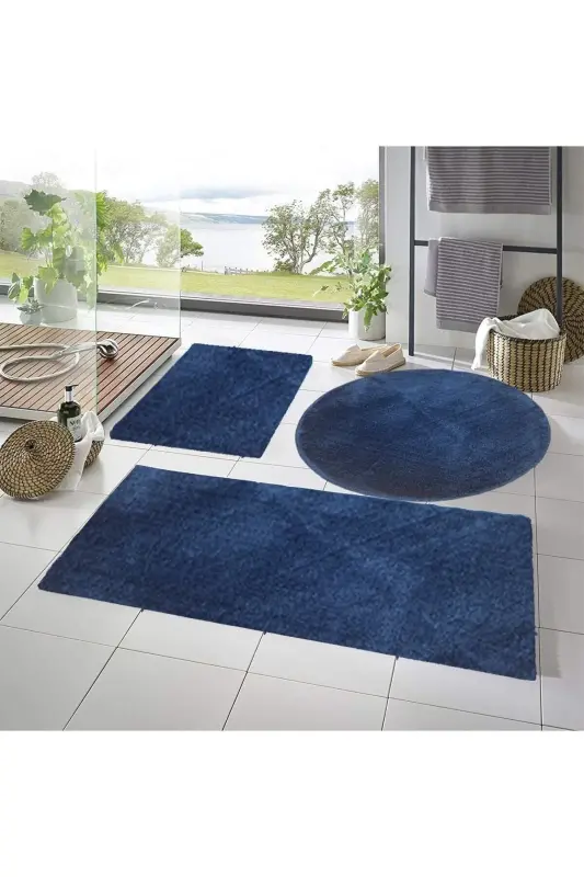 Post Peluş Banyo Paspası Üçlü Takım Kaymaz Jel Taban Mavi 50x80-50x60--50x50(YUVARLAK)-Mavi - 1