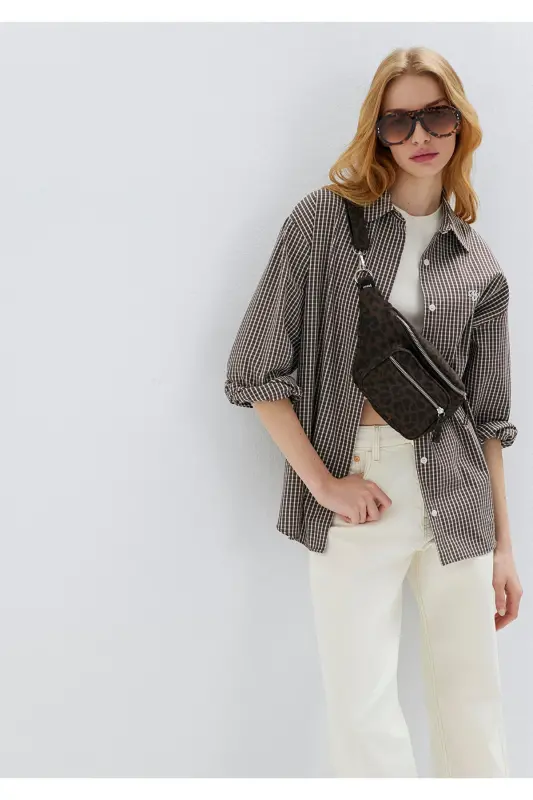 Pötikareli Kahverengi Gömlek Loose Fit / Bol Rahat Kesim 1211227-91742 - Kahverengi - 1