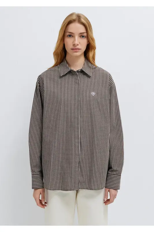 Pötikareli Kahverengi Gömlek Loose Fit / Bol Rahat Kesim 1211227-91742 - Kahverengi - 4