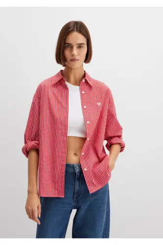 Pötikareli Kırmızı Gömlek Loose Fit / Bol Rahat Kesim 1211227-90843-Kırmızı - 3