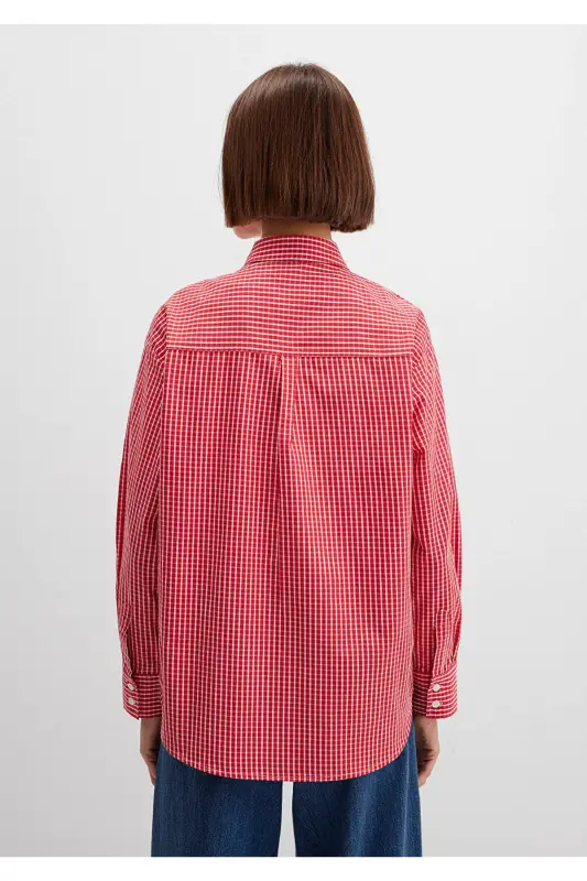 Pötikareli Kırmızı Gömlek Loose Fit / Bol Rahat Kesim 1211227-90843-Kırmızı - 5