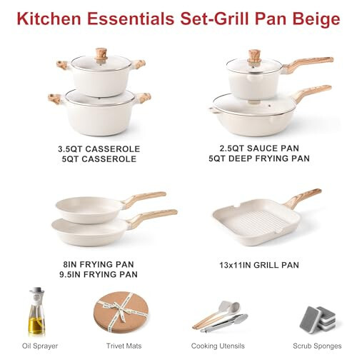 Pots and Pans Set - Caannasweis Nonstick Granite Stone Cookware Sets, Induction casseroles & Saucepan & Frying Pans for Cooking, PFOS PFOA Free, Grill Pan Gray - 2