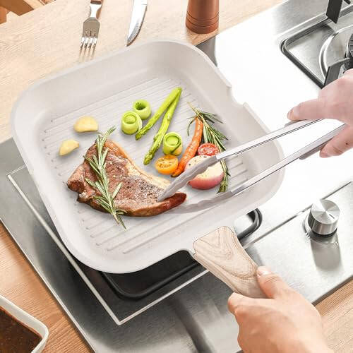 Pots and Pans Set - Caannasweis Nonstick Granite Stone Cookware Sets, Induction casseroles & Saucepan & Frying Pans for Cooking, PFOS PFOA Free, Grill Pan Gray - 3