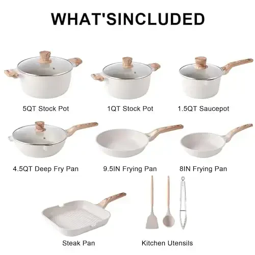 Pots and Pans Set - Caannasweis Nonstick Granite Stone Cookware Sets, Induction casseroles & Saucepan & Frying Pans for Cooking, PFOS PFOA Free, Grill Pan Gray - 5