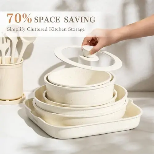 Pots and Pans Set Non Stick - Kitchen Cookware Set Detachable Handle Pot and Pan Sets for Cooking, RV Stackable Cookware Sets Removable Handle Cooking Set, Oven Safe, Induction Ready - 6