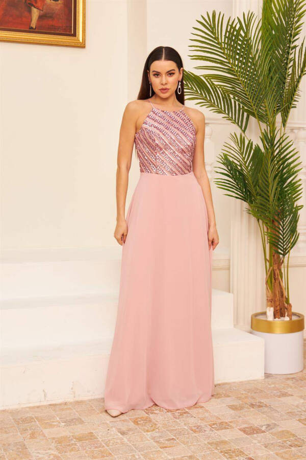 Powder Chiffon Sequin Long Evening Dress & Party Dress - 1