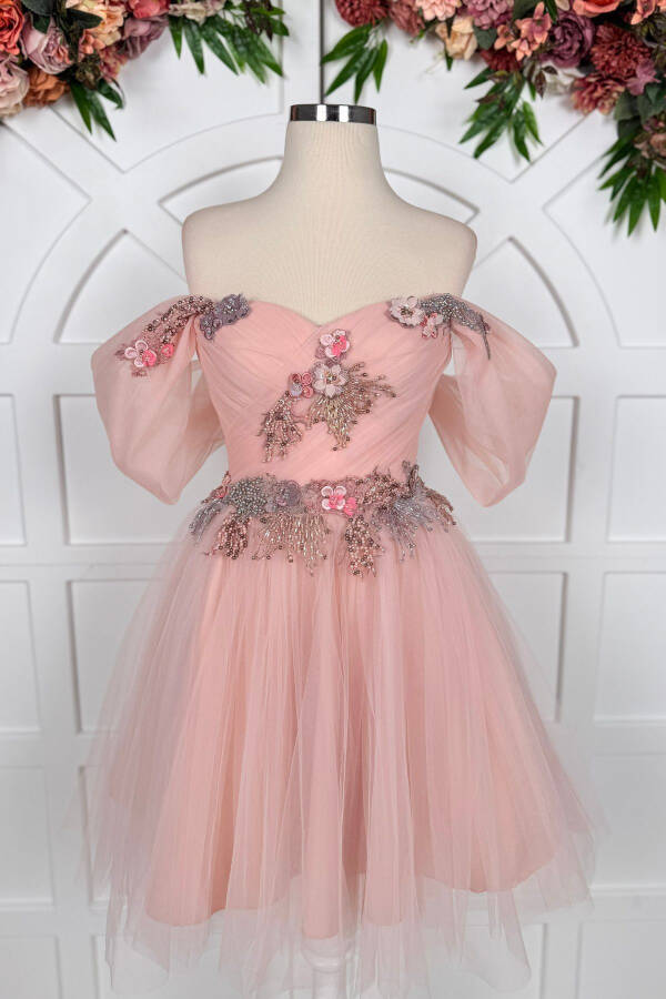 Powder Draped and Colorful Three-Dimensional Lace Detailed Mini Prom and Evening Dress - 2