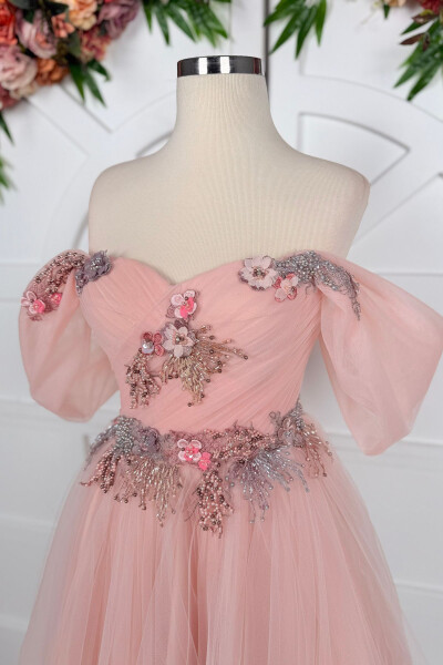 Powder Draped and Colorful Three-Dimensional Lace Detailed Mini Prom and Evening Dress - 3