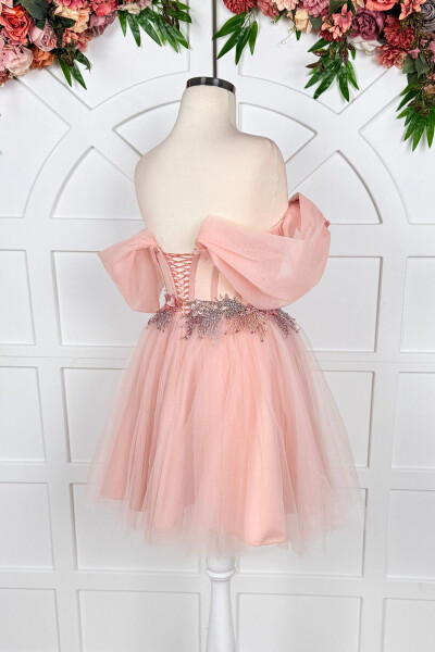 Powder Draped and Colorful Three-Dimensional Lace Detailed Mini Prom and Evening Dress - 4