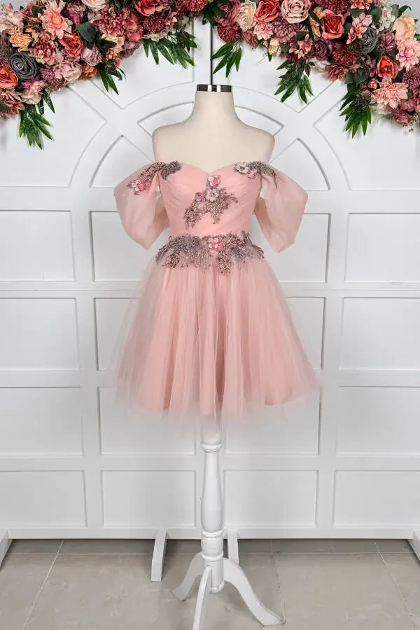 Powder Draped and Colorful Three-Dimensional Lace Detailed Mini Prom and Evening Dress - 1