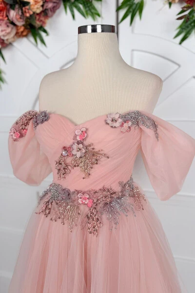 Powder Draped and Colorful Three-Dimensional Lace Detailed Mini Prom and Evening Dress - 3