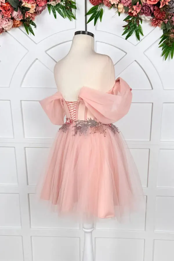 Powder Draped and Colorful Three-Dimensional Lace Detailed Mini Prom and Evening Dress - 4