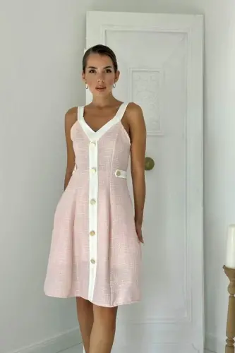 Powder Ecru Embellished Pocket Strap Dress - 2