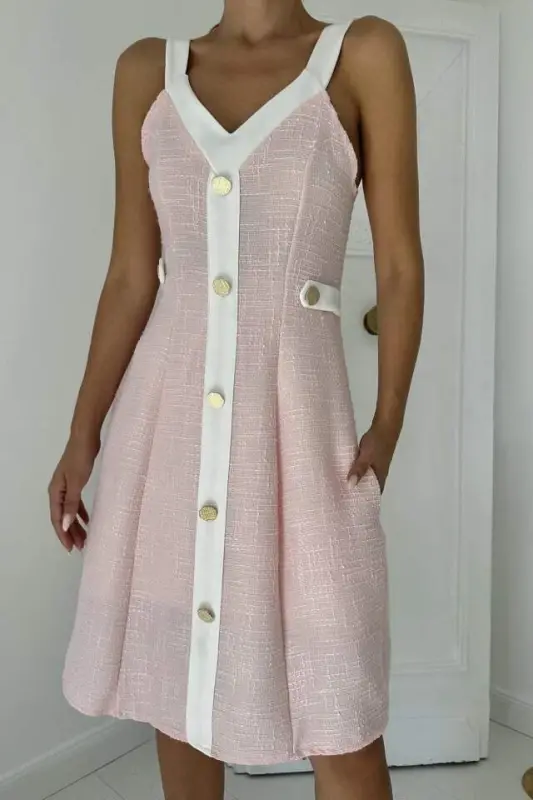 Powder Ecru Embellished Pocket Strap Dress - 3