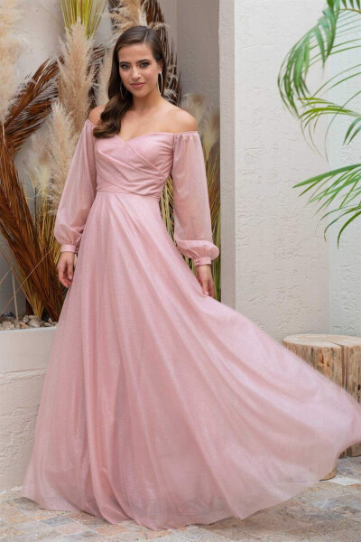 Powder Glitter Collar Long Sleeve Engagement Dress - 1