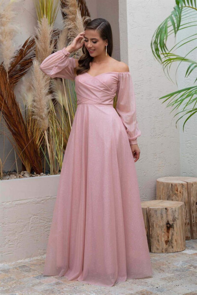 Powder Glitter Collar Long Sleeve Engagement Dress - 3