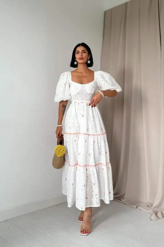 Powder Lace Detailed Broderie Dress - BÜYÜKBEDENIZ